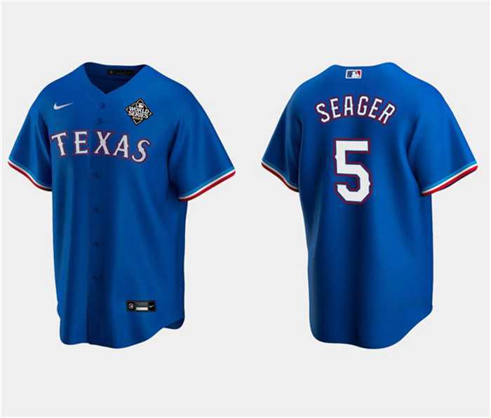 Mens Texas Rangers #5 Corey Seager Royal 2023 World Series Stitched Baseball Jersey Dzhi